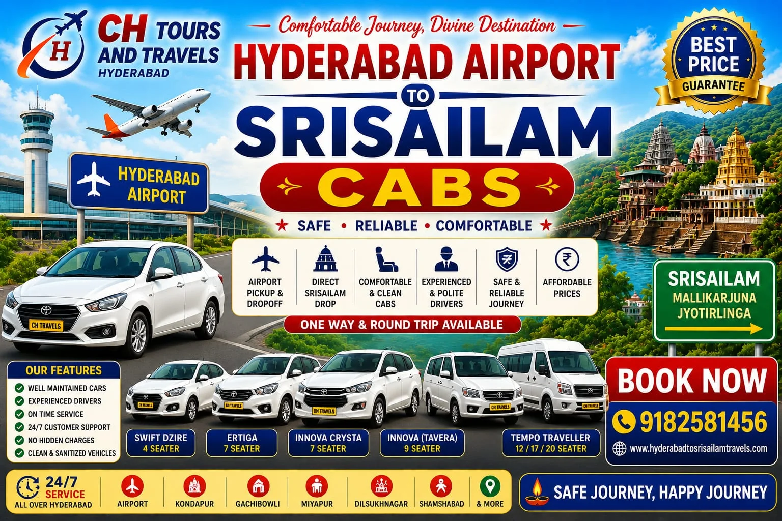 Hyderabad Airport to Srisailam Cabs