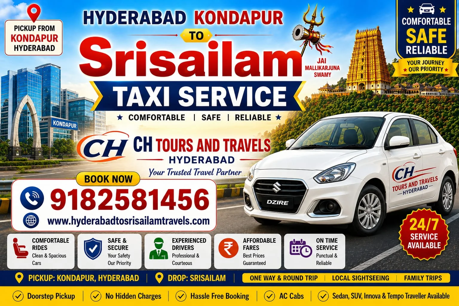 Hyderabad Kondapur to Srisailam Taxi Service – CH Tours and Travels Hyderabad